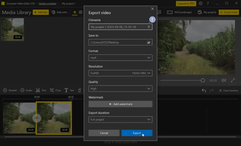 Icecream Video Editor: Export video — формат, разрешение, качество, FPS и Watermark